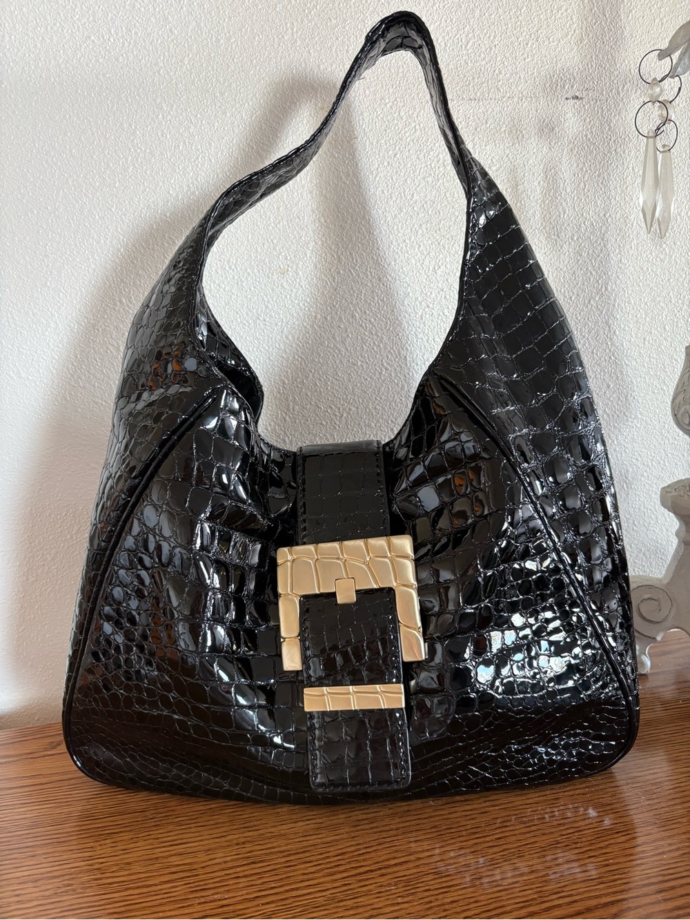 Michael Kors Black Croc-Embossed Shoulder Bag with Gold Buckle Accent - Picture 2 of 3